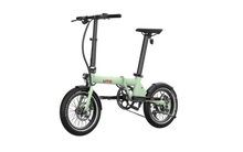 Load image into Gallery viewer, A light mint green folding electric bicycle with black components, shown from a side profile on a solid white background.