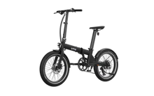 Load image into Gallery viewer, A black folding electric bicycle with a step-through frame, fenders, and a compact rear rack, shown on a plain white background.