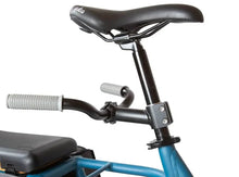 Load image into Gallery viewer, Close-up of Yuba hold-on bars attached to the seat post of a blue electric cargo bike, featuring textured gray grips.