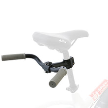 Load image into Gallery viewer, Black Yuba hold-on bars with gray grips mounted below the saddle of an electric cargo bike for passenger stability.