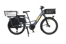 Load image into Gallery viewer, A product image showing the right side of the Yuba Boda Boda electric longtail cargo bike with the pot and front basket accessories attached.