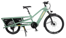 Load image into Gallery viewer, A product image of the Yuba Spicy Curry V4 electric longtail cargo bike. The frame colour is Lunar (a pale green colour) and the bike is in its basic set up, with no accessories attached.