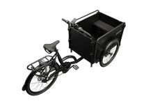 Load image into Gallery viewer, Product image of the Bimas eCargo 3.3 Premium electric cargo bike, shown from the right hand side. The bike frame and cargo box are both black. The photo is taken from an overhead angle to the rear of the cargo bike.