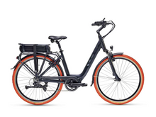 Load image into Gallery viewer, A product photo of the Veloci Spirit electric bike from LeaseBike. The grey ebike is photographed against a white background, with the distinctive orange tyres standing out - a feature of LeaseBike.