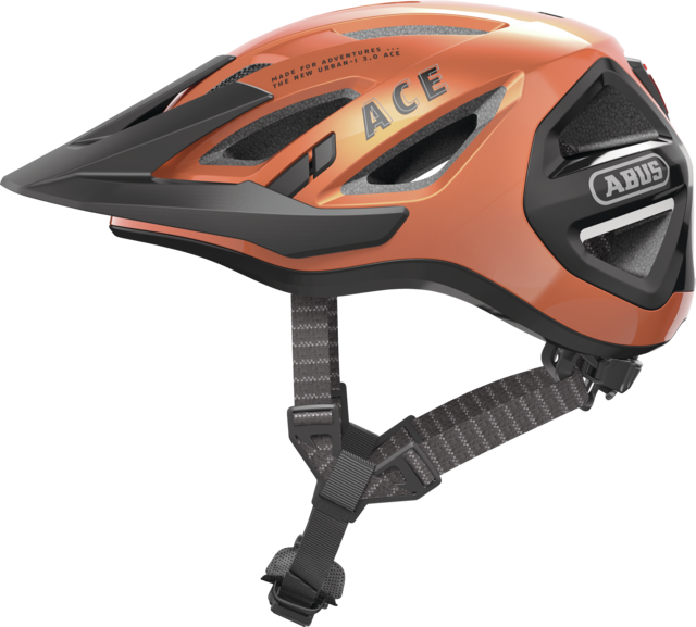Abus Urban-I 3.0 cycle helmet product image. This view shows the side the of helmet, with the goldfish orange colour variant.