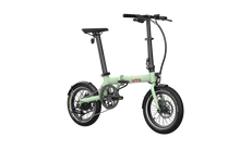 Load image into Gallery viewer, A compact folding electric bicycle in a light mint green frame with black components, including the wheels, saddle, handlebars, and tires. The brand name 'UTO' is printed in red on the down tube.
