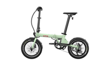 Load image into Gallery viewer, A light mint green folding electric bicycle with black components, shown from a side profile on a solid white background. The brand name 'UTO' is visible on the frame.
