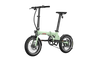 A light mint green folding electric bicycle with black components, shown from a side profile on a solid white background.