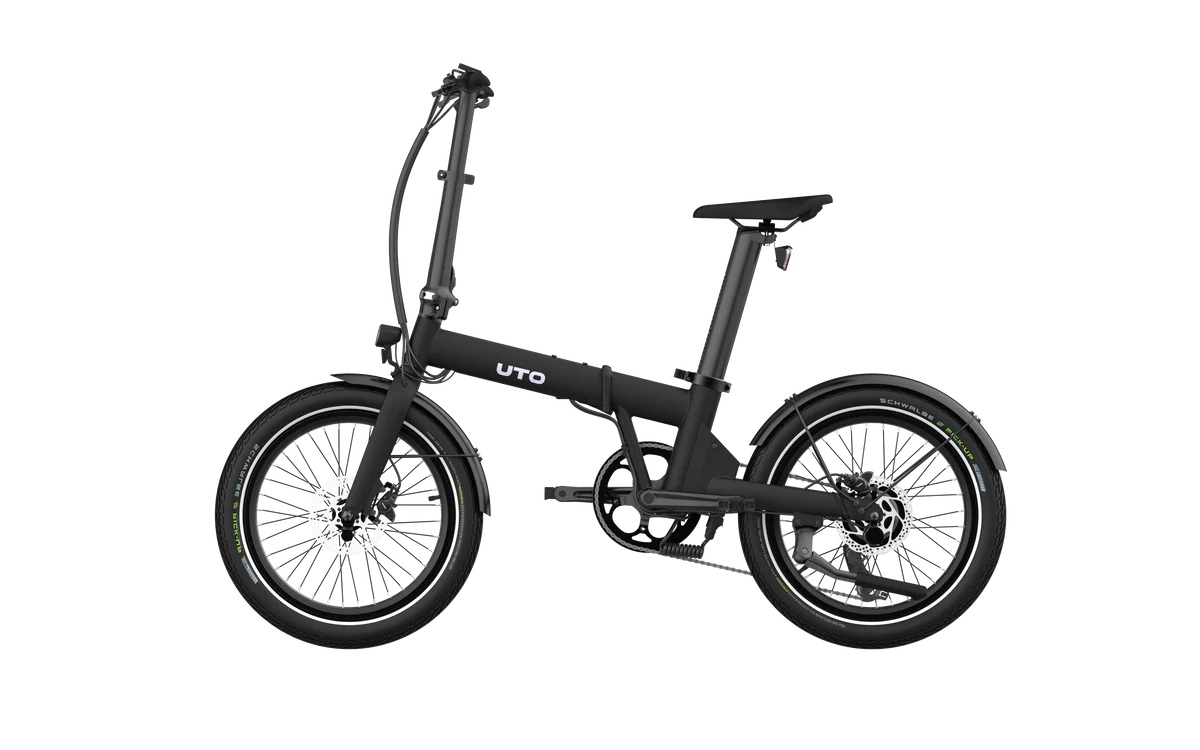 Black folding bike with 'UTD' branding on a white background