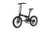 A black folding electric bicycle with a step-through frame, fenders, and a compact rear rack, shown on a plain white background.