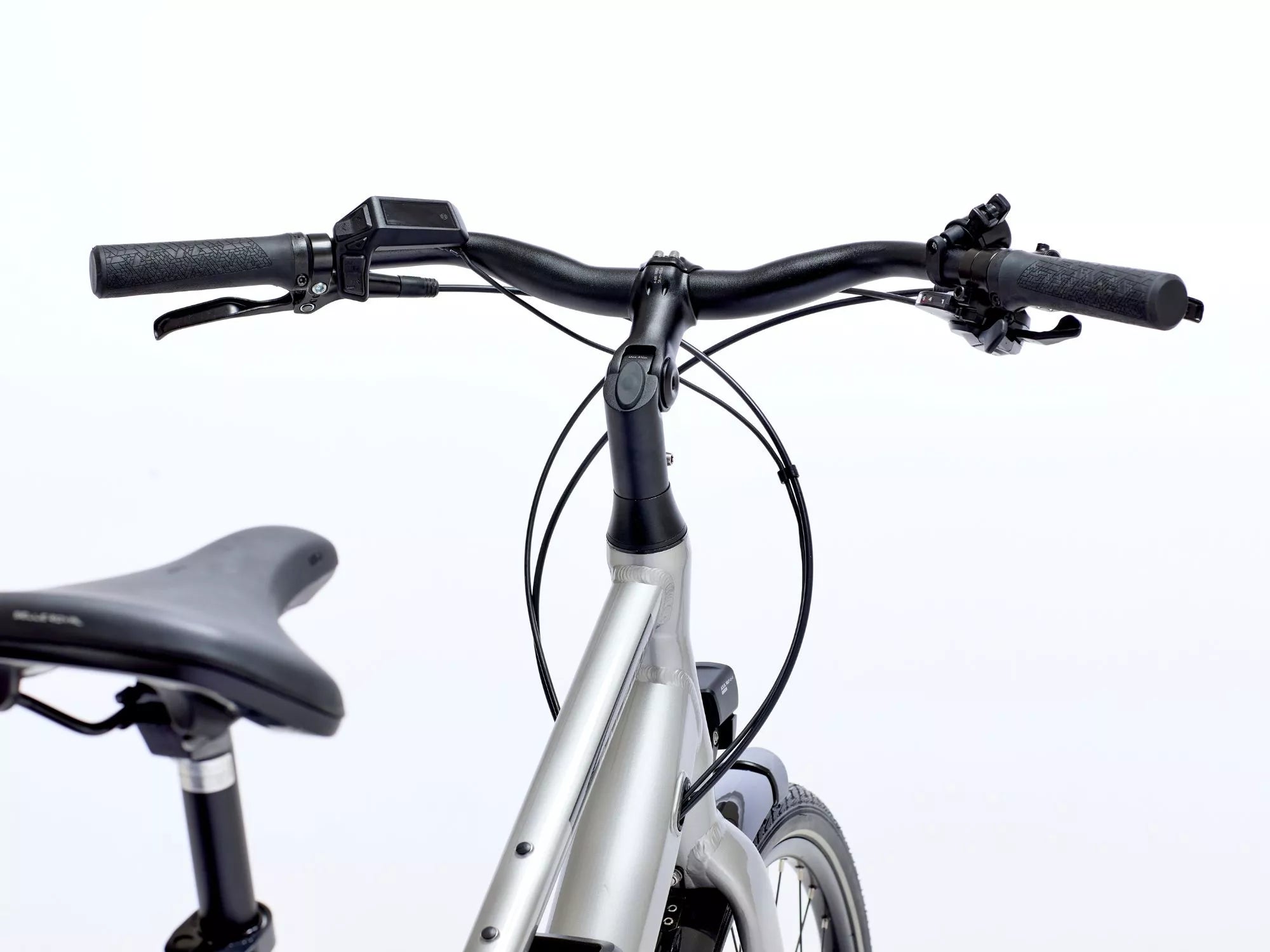 Close-up of an electric bike handlebar and front wheel on a white background.