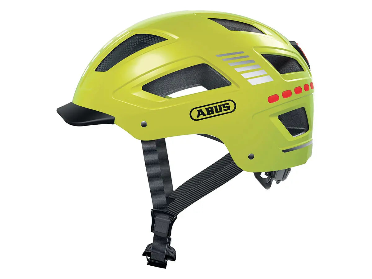 Yellow helmet with Abus logo on a white background.
