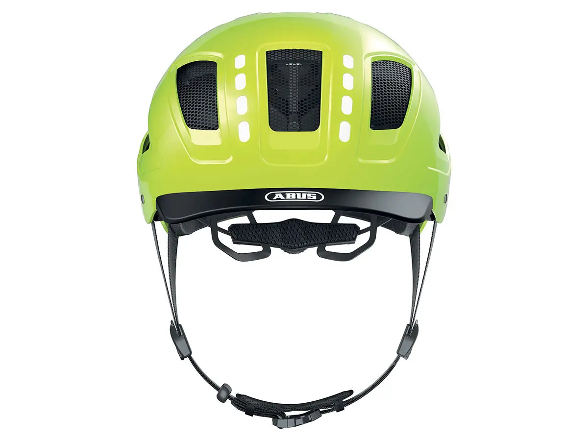 Yellow helmet with black straps on a white background
