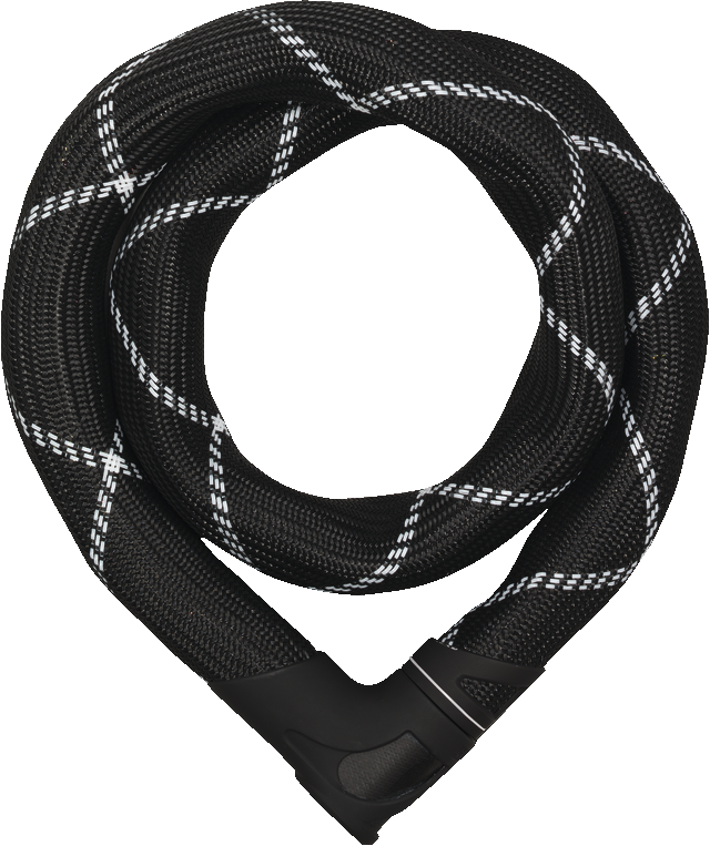 Black braided bicycle lock on a white background.