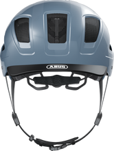 Load image into Gallery viewer, A product image of the Abus Hyban 2.0 cycle safety helmet, showing the colour option for Glacier Blue, from the front of the helmet.
