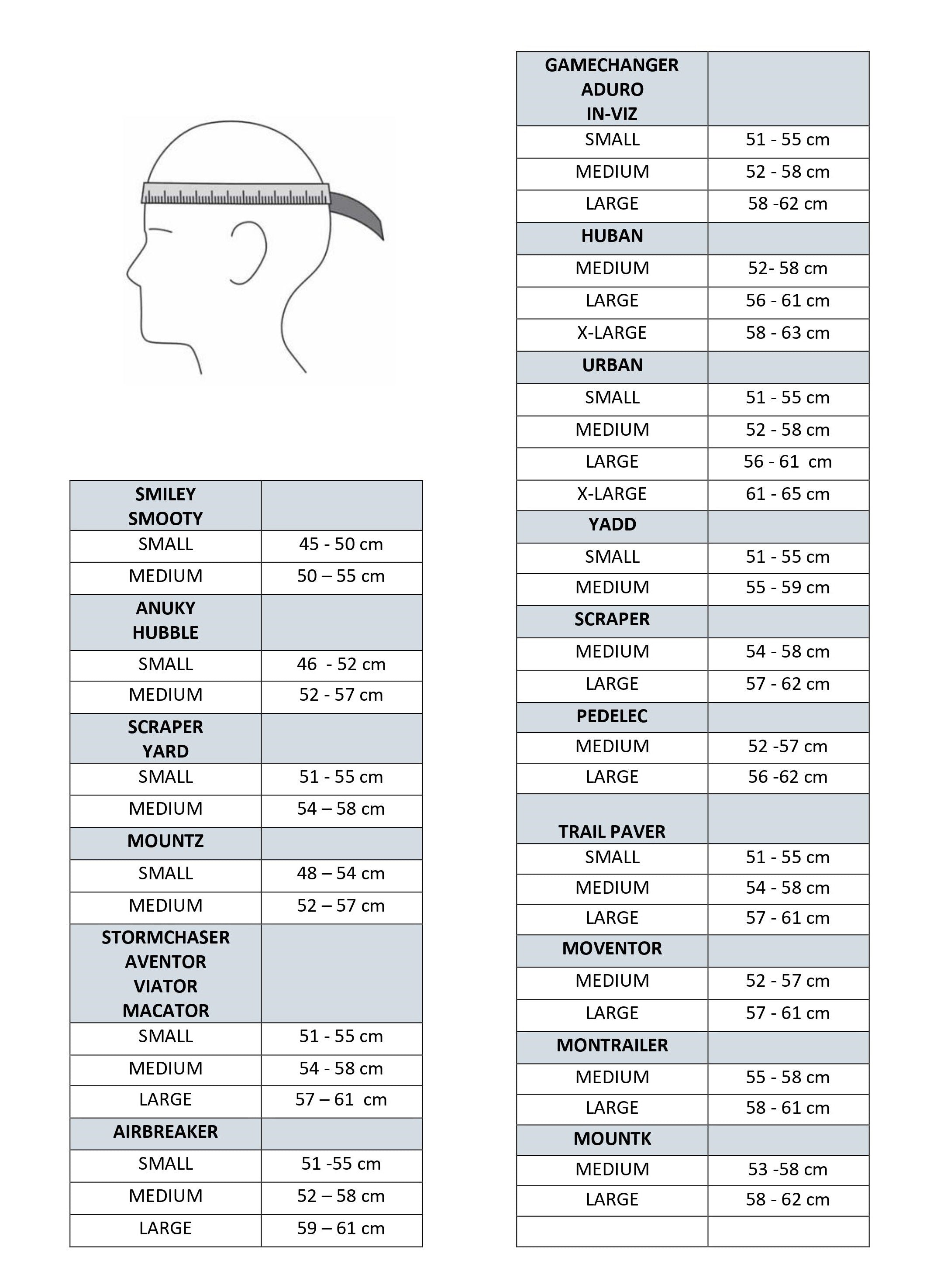 A page showing how to measure your head for an Abus helmet, along with the sizes of various Abus helmet models.