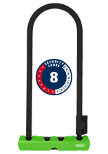 Load image into Gallery viewer, A product image of the Abus Ultra 410 bicycle lock with a Level 8 security rating symbol overlaid on the picture.
