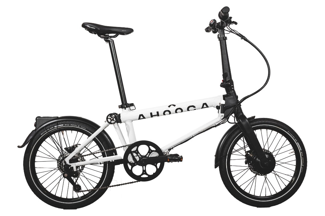 A product image of the Ahooga Max folding electric bike showing the right side of the bike. The bike frame is white with black accents. The Ahooga Max folding electric bike is available to buy from Bleeper.