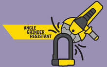 Load image into Gallery viewer, An illustration of an angle grinder disc breaking against a Kryptonite bike lock, with the accompanying text reading, "Angle Grinder Resistant"
