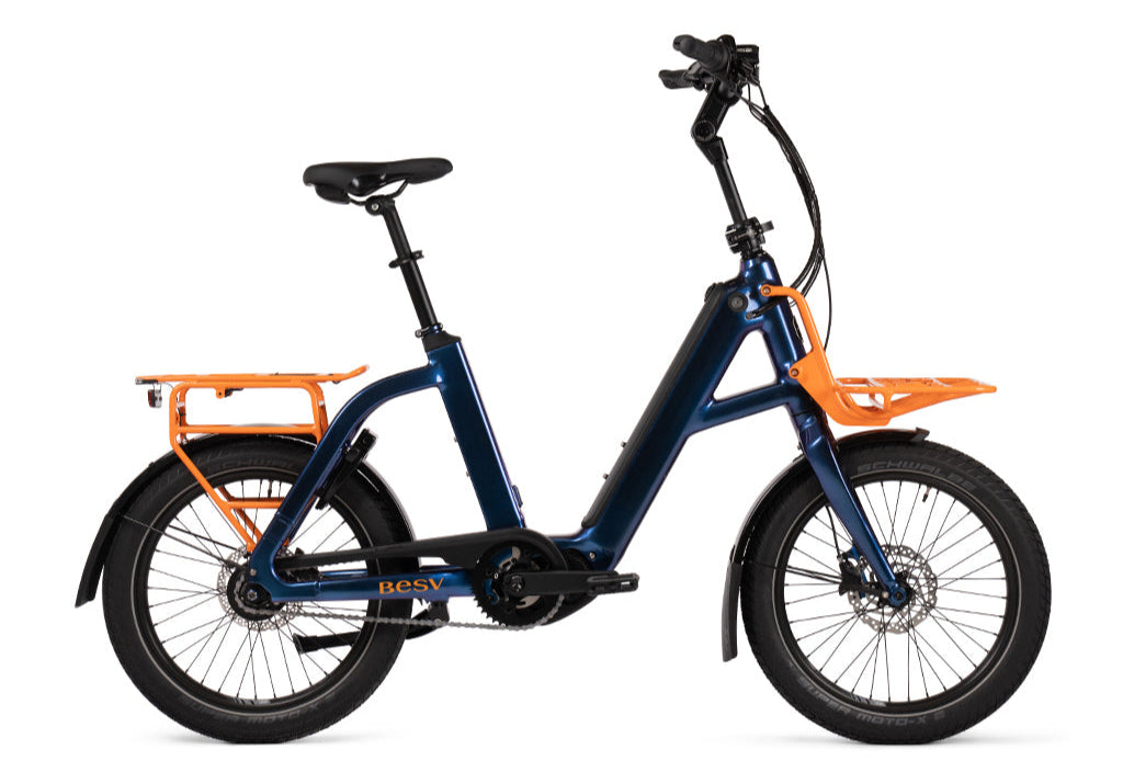 Product image of the BESV CPT 2.3 Compact Electric Bike with dark navy frame, taken from the right side. 
