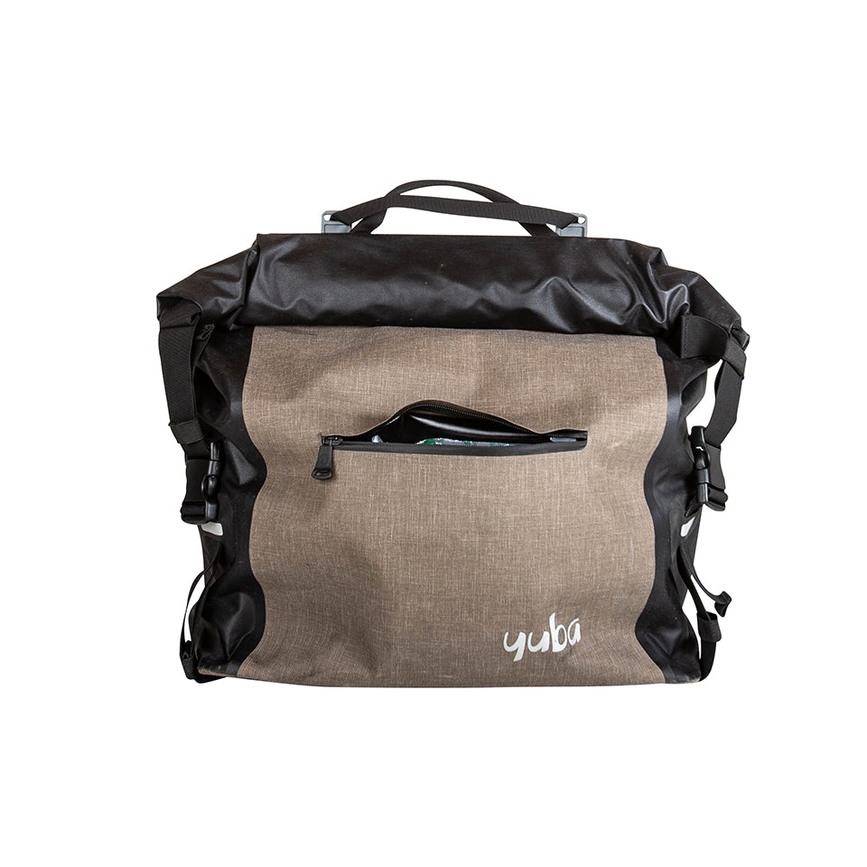 Close-up of Yuba Baguette V2 bike bag in gray and black with zippered front pocket and top handle, designed for e-bike cargo use.