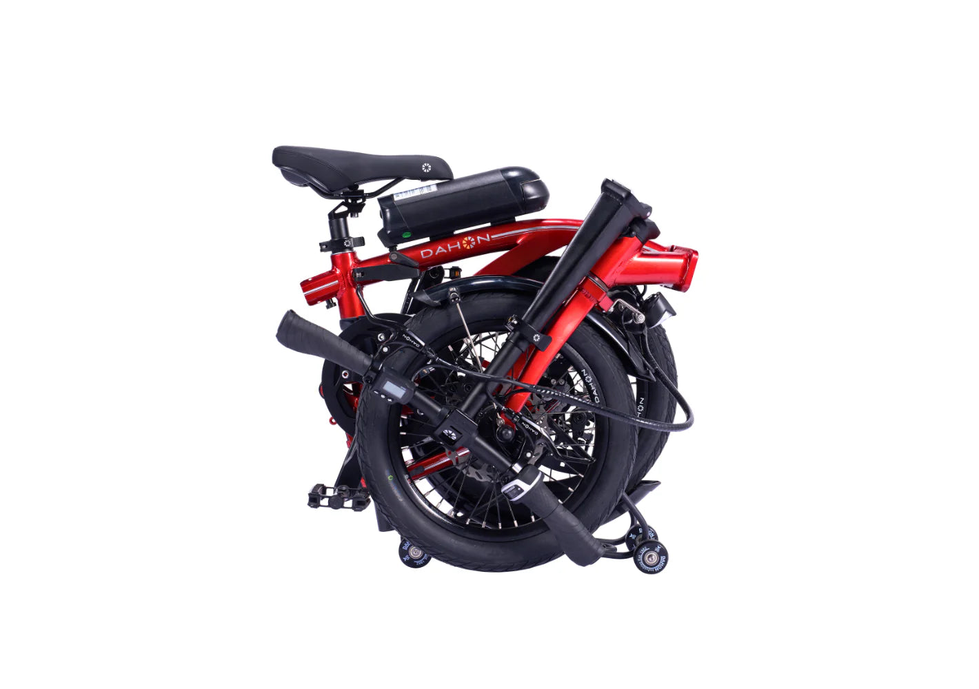 A product image showing the Dahon Curl Ei4 electric folding bike against a white background. The frame colour is red. The bike is in its fully folded position.