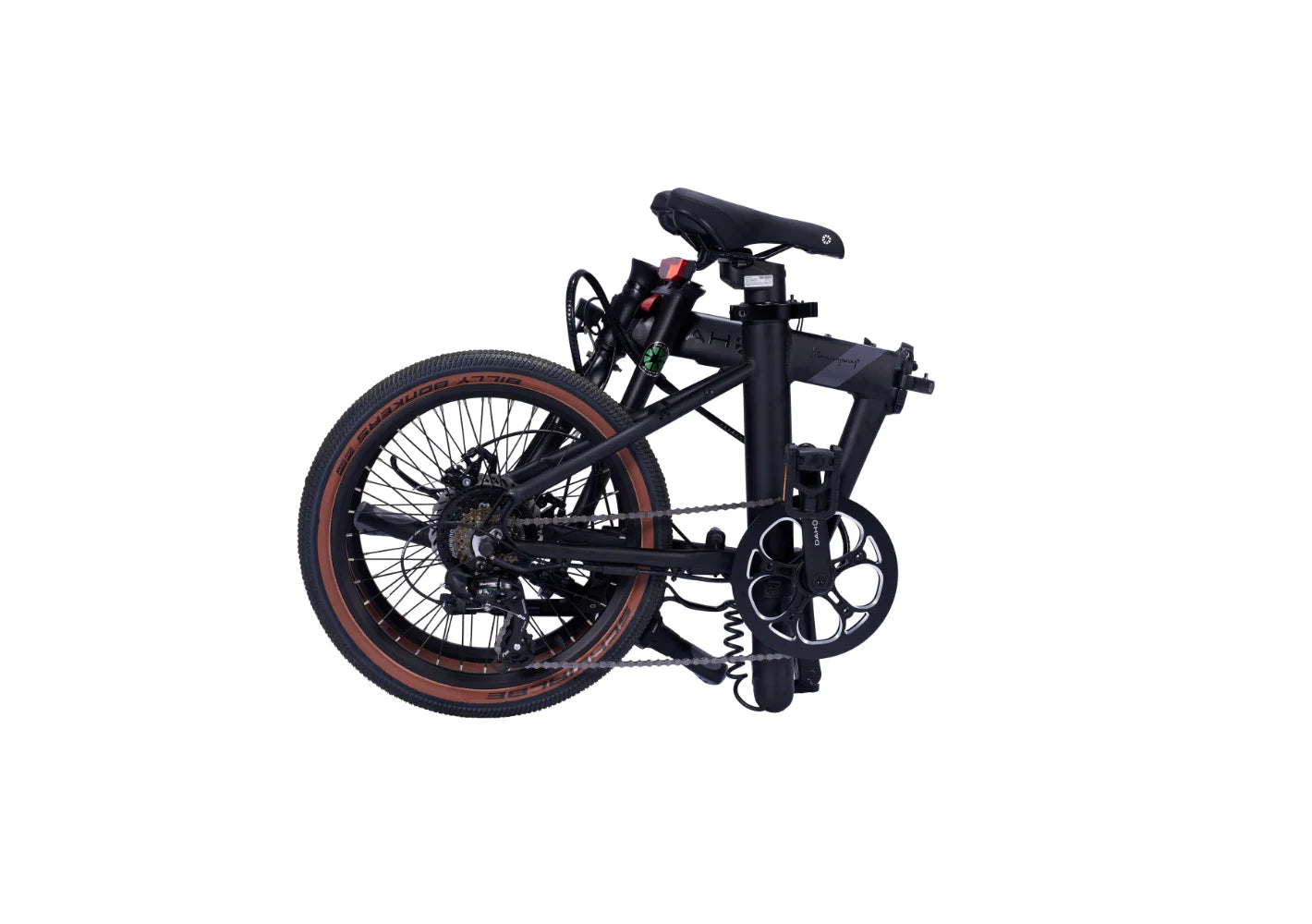 A product image of a folding Dahon E-Hemingway electric bike with a black frame in its folded configuration.