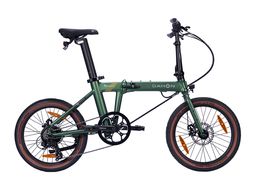 A product image of a folding Dahon E-Hemingway electric bike with a green frame. 