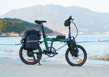 Load image into Gallery viewer, Green Dahon folding electric bike on a beach with mountains in the background
