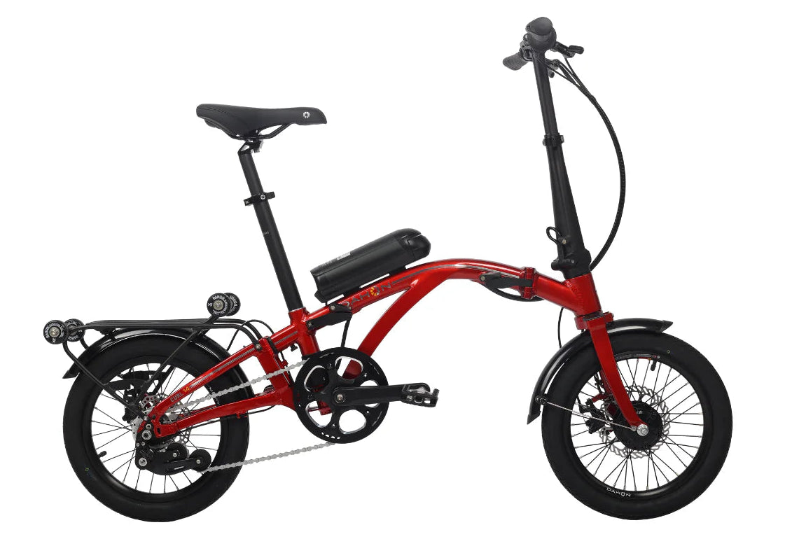A product image showing the Dahon Curl Ei4 electric folding bike against a white background. The frame colour is red. 