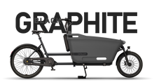 Load image into Gallery viewer, Product image of the Dolly Joy electric cargo bike with a black frame and cargo box. There is large text behind the bike describing its colour: Graphite Black.
