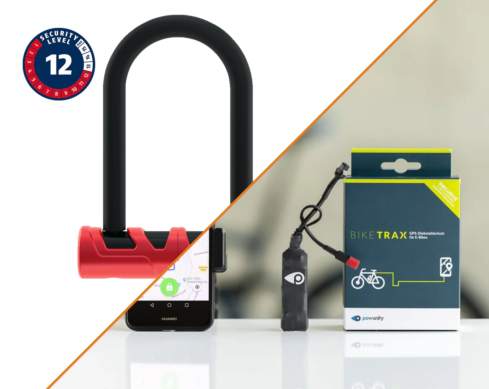 An image showcasing an E-Bike Security Pack, with a BikeTrax GPS tracker and a heavy-duty Abus lock, against a white background.