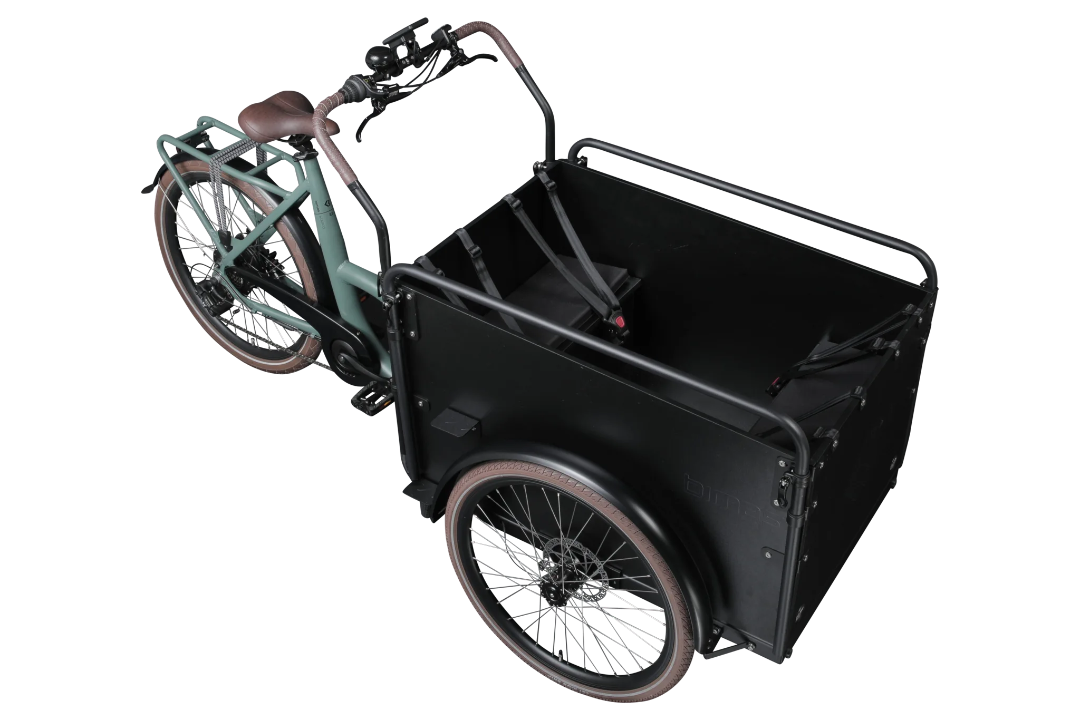 A product image of the Bimas eCargo 3.3 Economy electric cargo bike, showing the top and right side of the cargo bike.