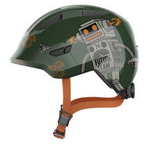 Load image into Gallery viewer, A product image of the Abus Smiley 3.0 children's bicycle helmet with the green robo colour.
