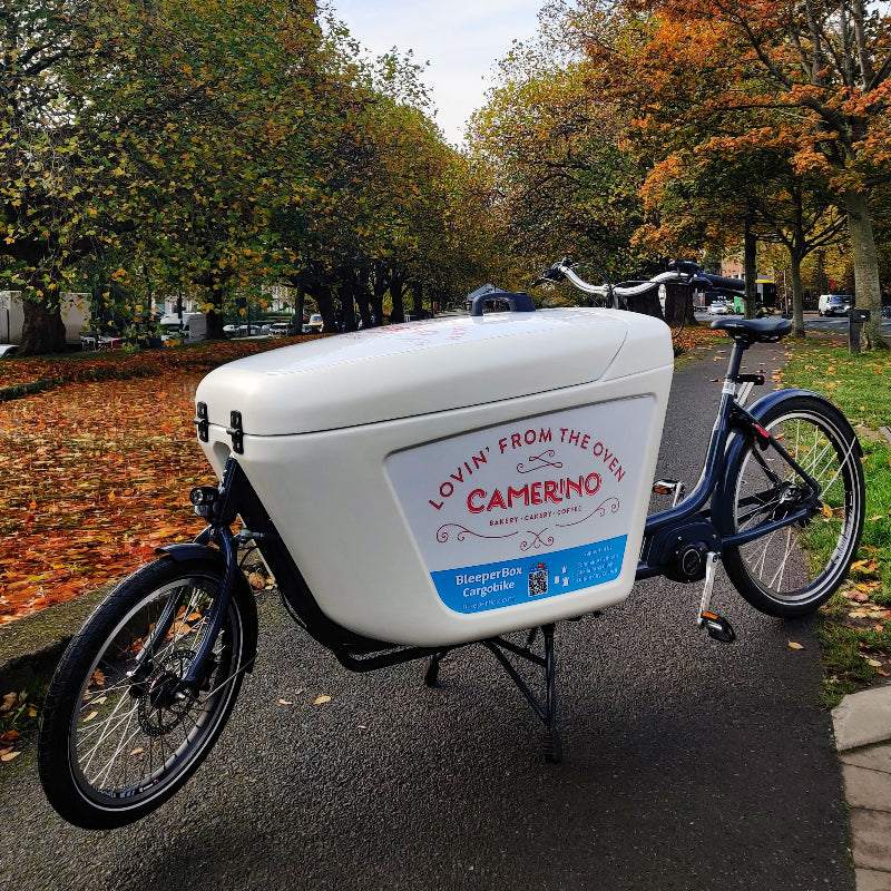 A close-up photo of the branding on a Raleigh Pro ecargo bike featuring the Camerino logo. 