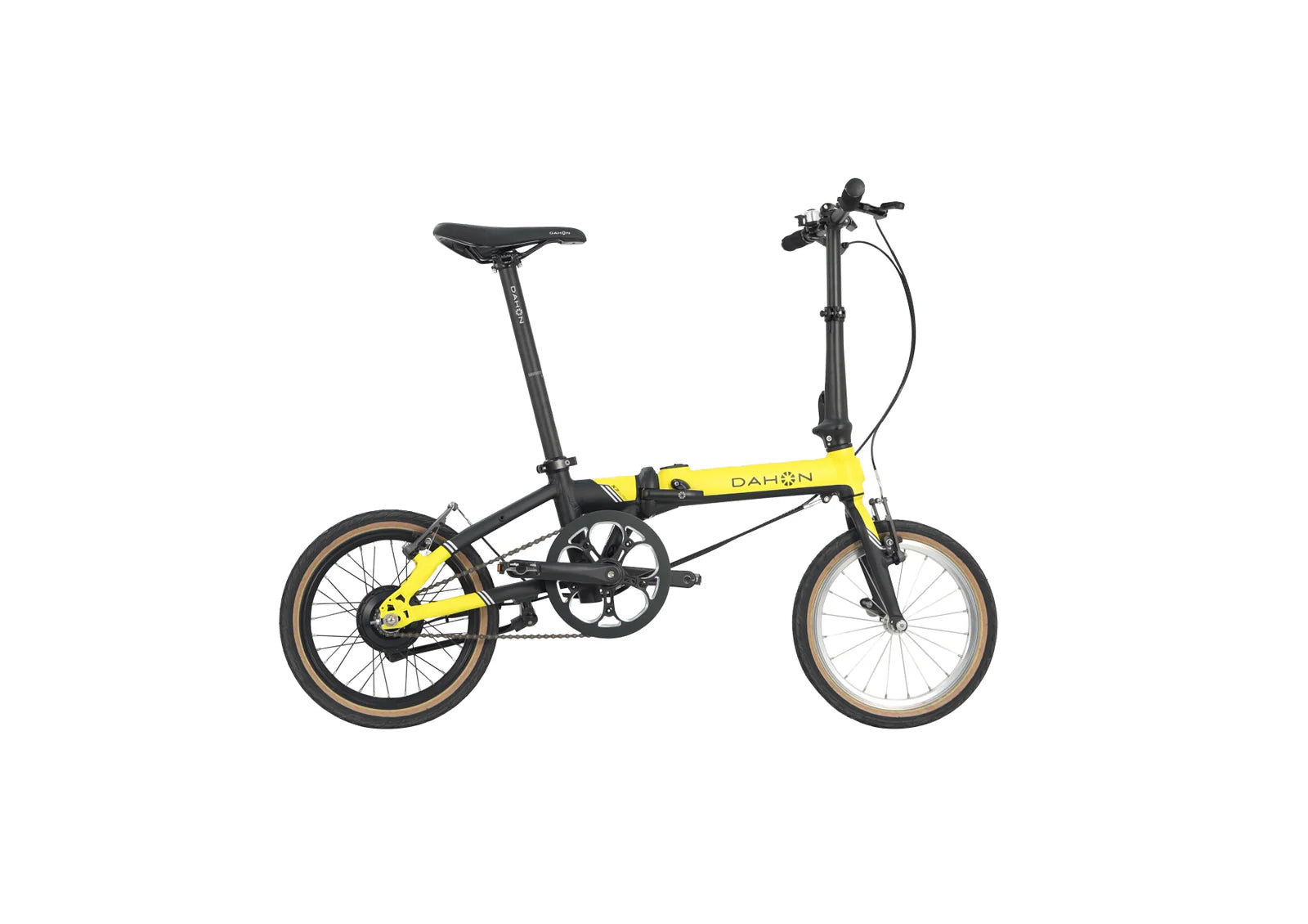 A black and yellow Dahon K-feather folding electric bike on a white background.