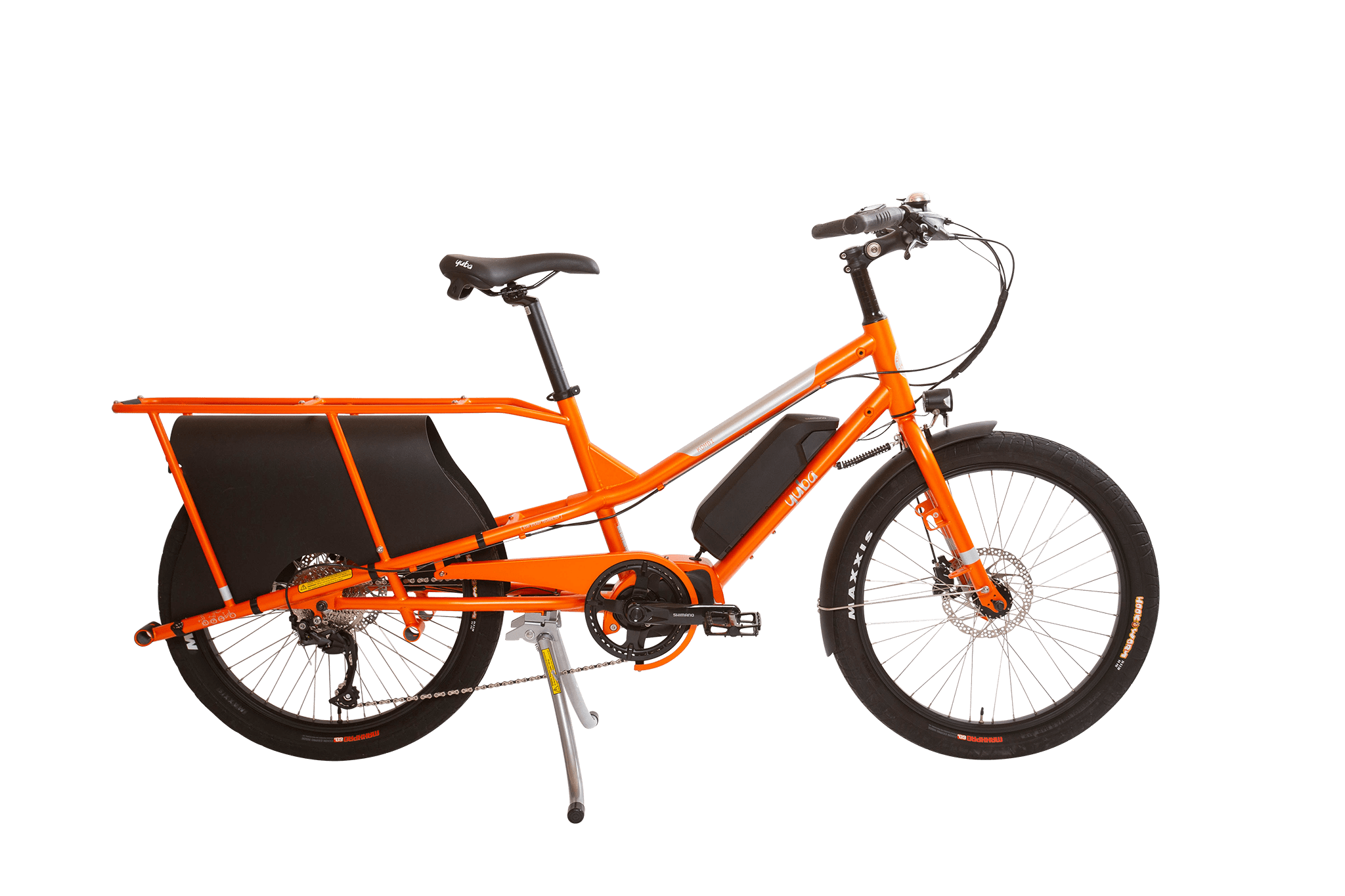 A product image of the Yuba Kombi E5 electric longtail cargo bike which can be hired from LeaseBike. The photo shows the right side of the cargo bike in its bare configuration without any accessories attached. 