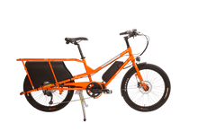 Load image into Gallery viewer, A product image of the Yuba Kombi E5 electric longtail cargo bike which can be hired from LeaseBike. The photo shows the right side of the cargo bike in its bare configuration without any accessories attached. 
