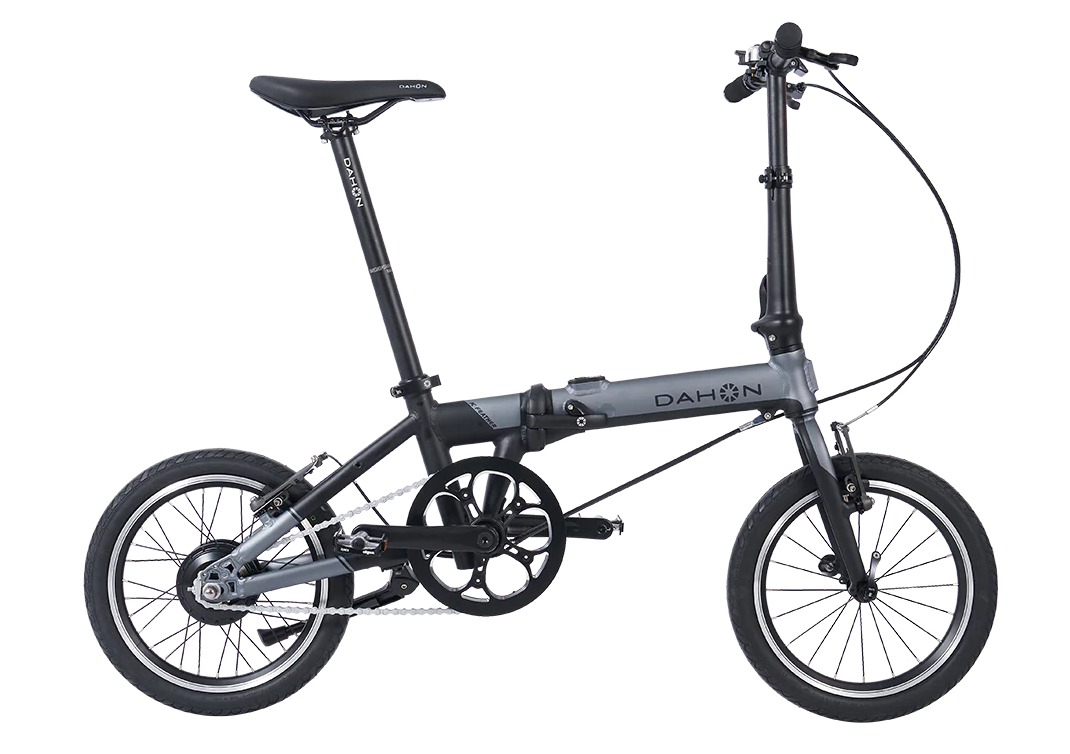 A black and grey Dahon K-feather folding electric bike on a white background.