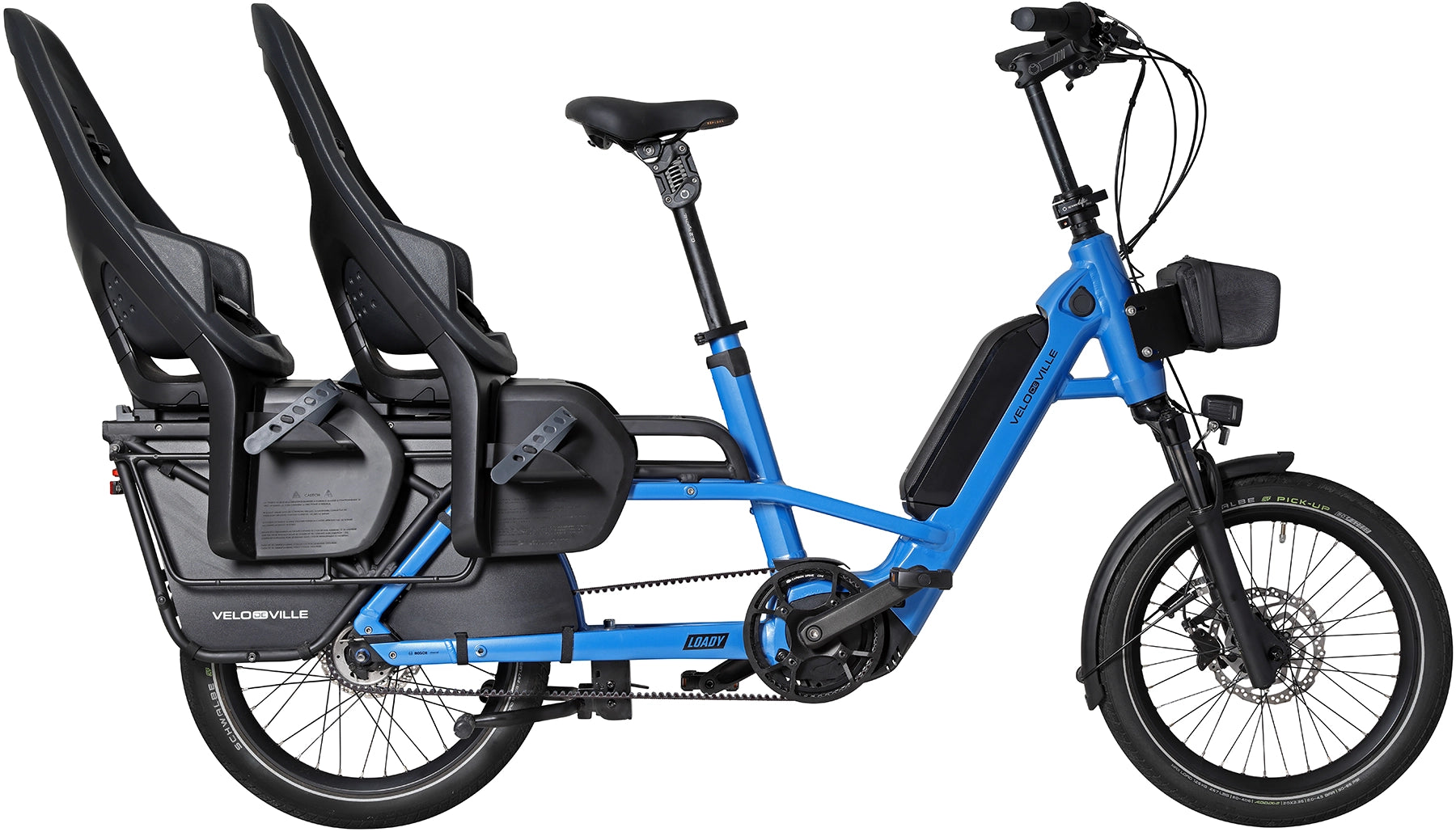 A product image of the Velo de Ville Loady electric longtail cargo bike. The frame colour is blue. Two child seats are attached to the rear rack.