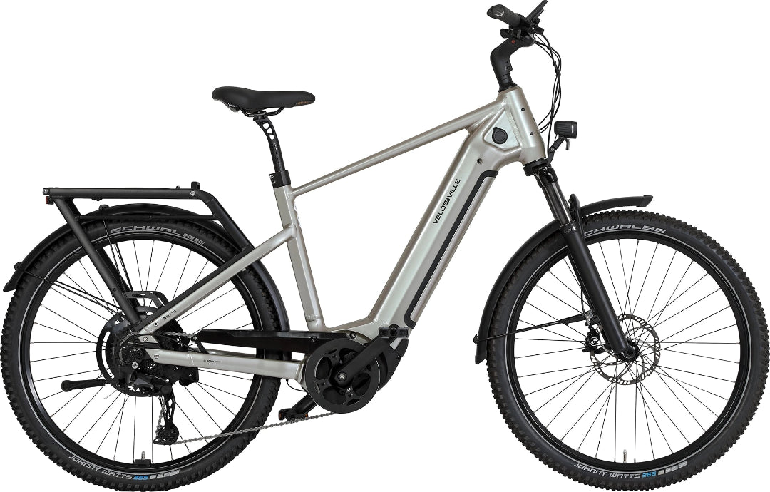 A product image of the VELO DE VILLE SEB electric bike, featuring a Crystal Pearl frame colour.