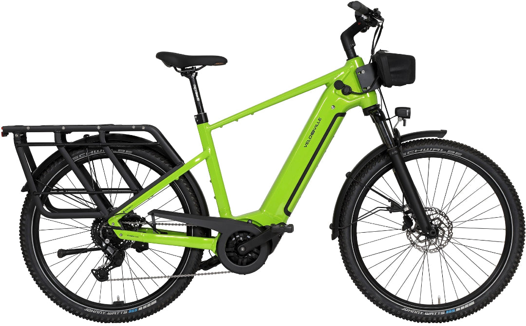 A product image of the VELO DE VILLE SEB electric bike, featuring a Lime Green frame colour.