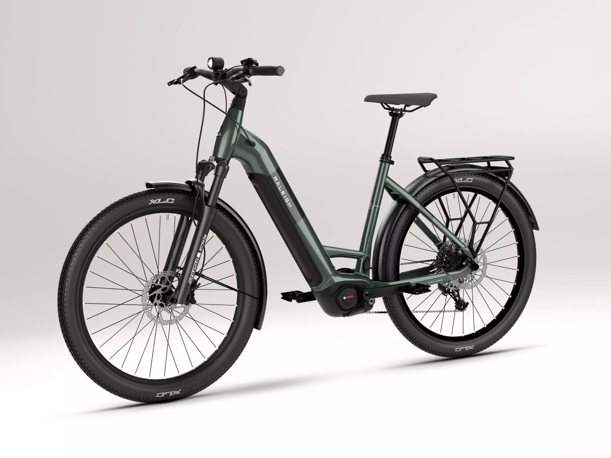Green e-bike on a white background.