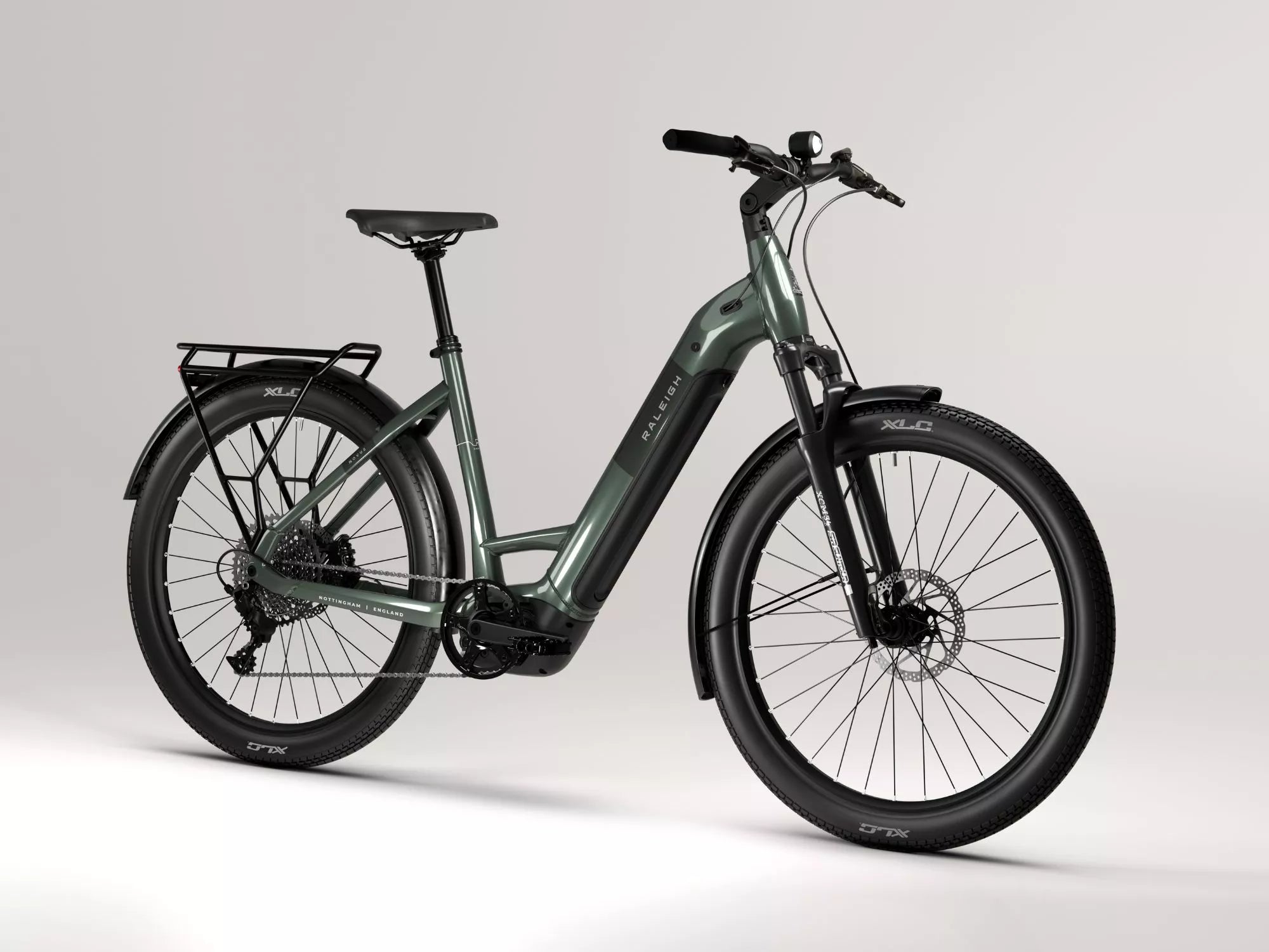 The Raleigh Novus Electric bicycle on a white background.