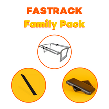 Load image into Gallery viewer, An image showing the accessories which are included in the Yuba Fastrack Family Pack, including Monkey Bars, Mini Soft Spots, and the Yuba Kombi Deck.
