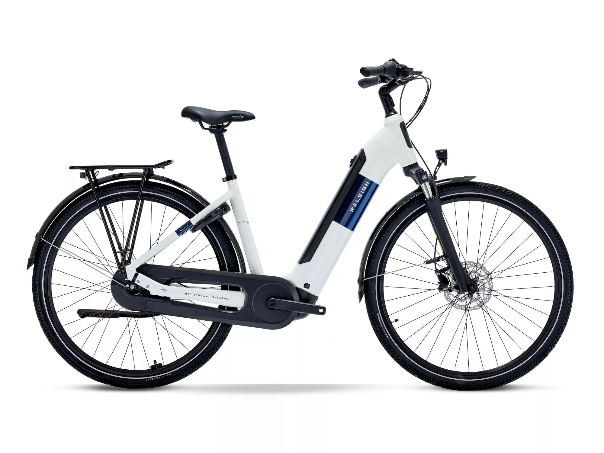 Raleigh Motus electric bike with black accents on a white background.