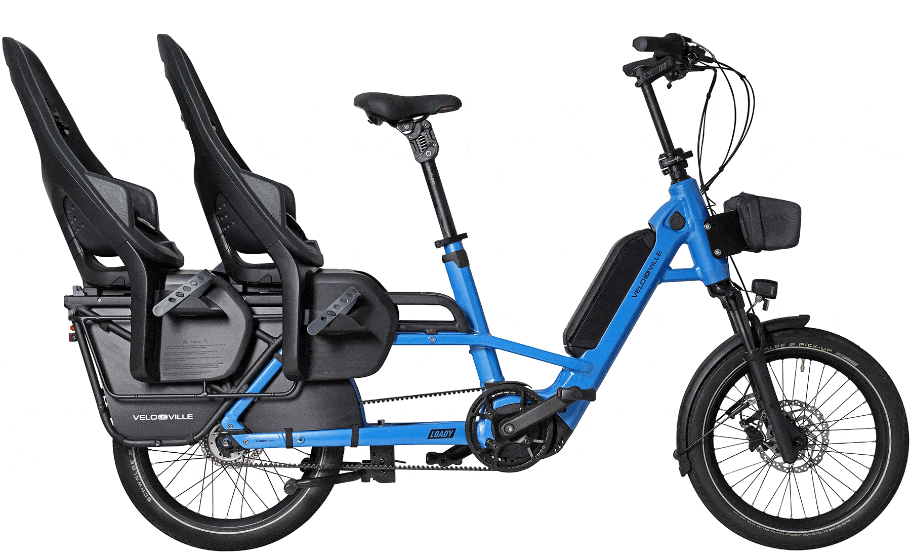 An animated product image of the Velo de Ville Loady electric longtail cargo bike which flicks through various frame colours and load setups.