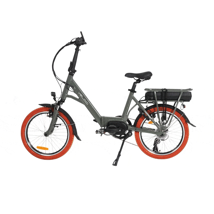 An animated gif of the Veloci Hopper folding electric bike from LeaseBike by Bleeper, showing the bike in its 'open' position first before the image transitions to the 'folded' position of the bike. 