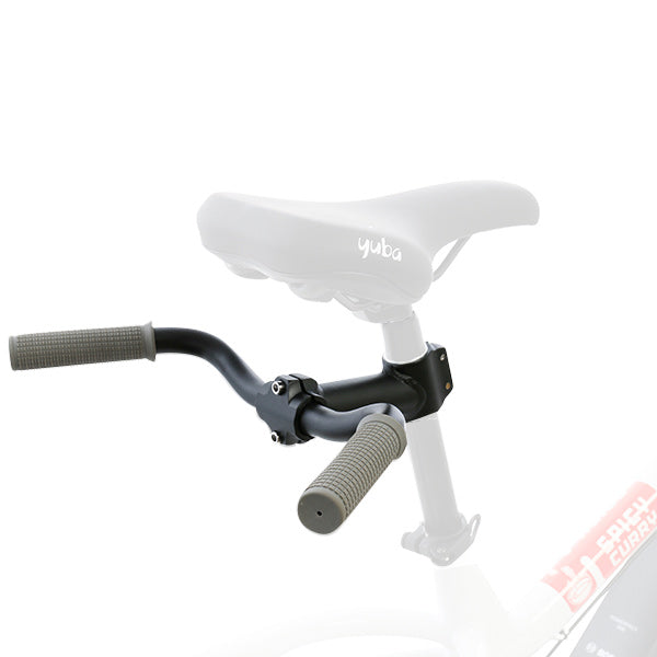 Black Yuba hold-on bars with gray grips mounted below the saddle of an electric cargo bike for passenger stability.