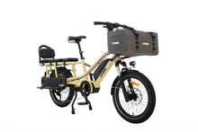 Load image into Gallery viewer, A product image of the Yuba Fastrack electric longtail cargo bike, showing the Latte frame colour option. The Grab and Go bag and soft top seat accessories are shown on the bike. 

